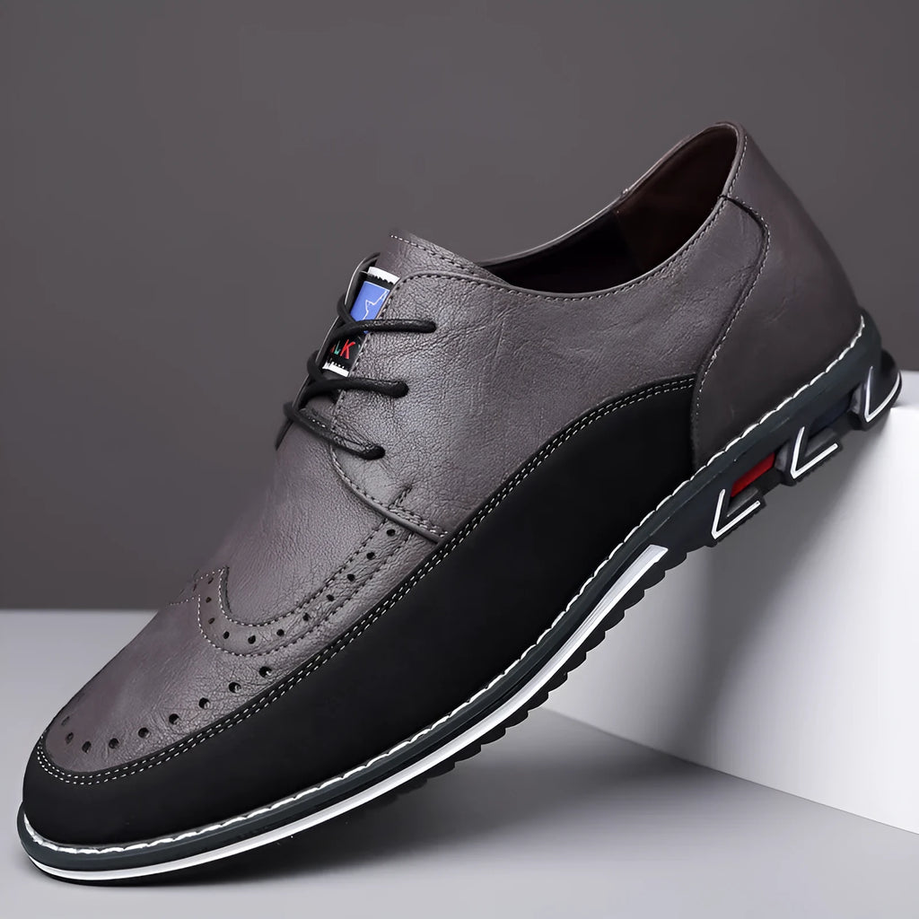 Men's low-top casual leather shoes with a fabric upper, leather toe cap, and rubber sole in orange colour.