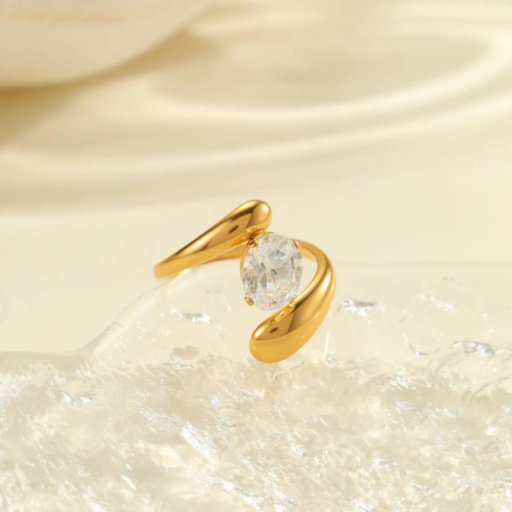 Women's adjustable geometric zircon ring in stainless steel with open mouth design