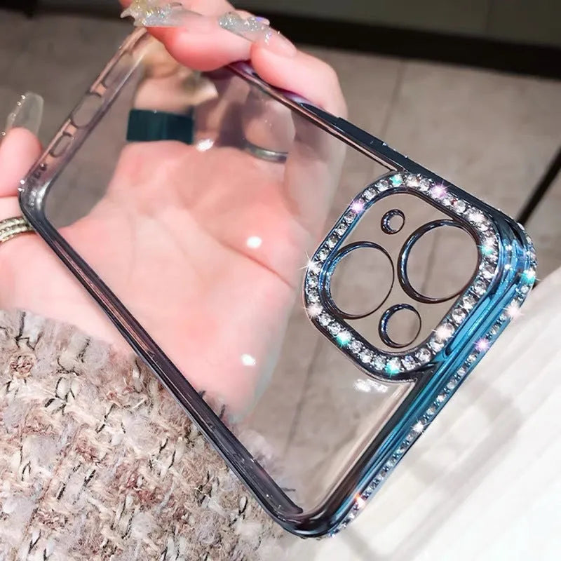 Luxurious rhinestone mobile phone case for iPhone in rose gold, all-inclusive TPU silica gel design