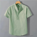 Men's casual linen shirt with stand collar and short sleeves in slub fabric