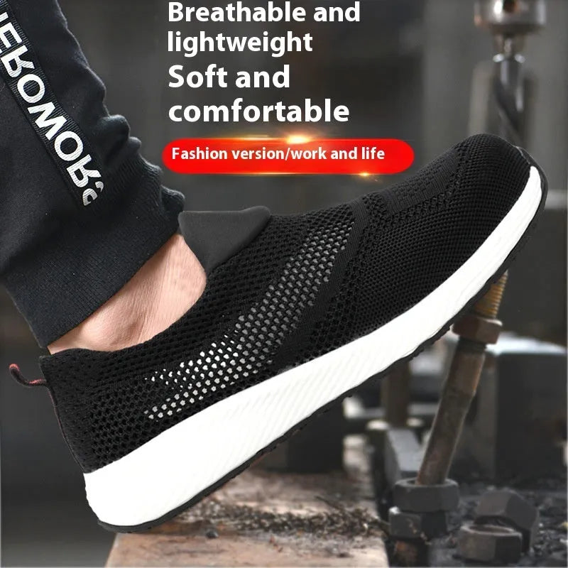 Men's lightweight mesh safety work shoes with steel toe cap in black, blue, and red colour options