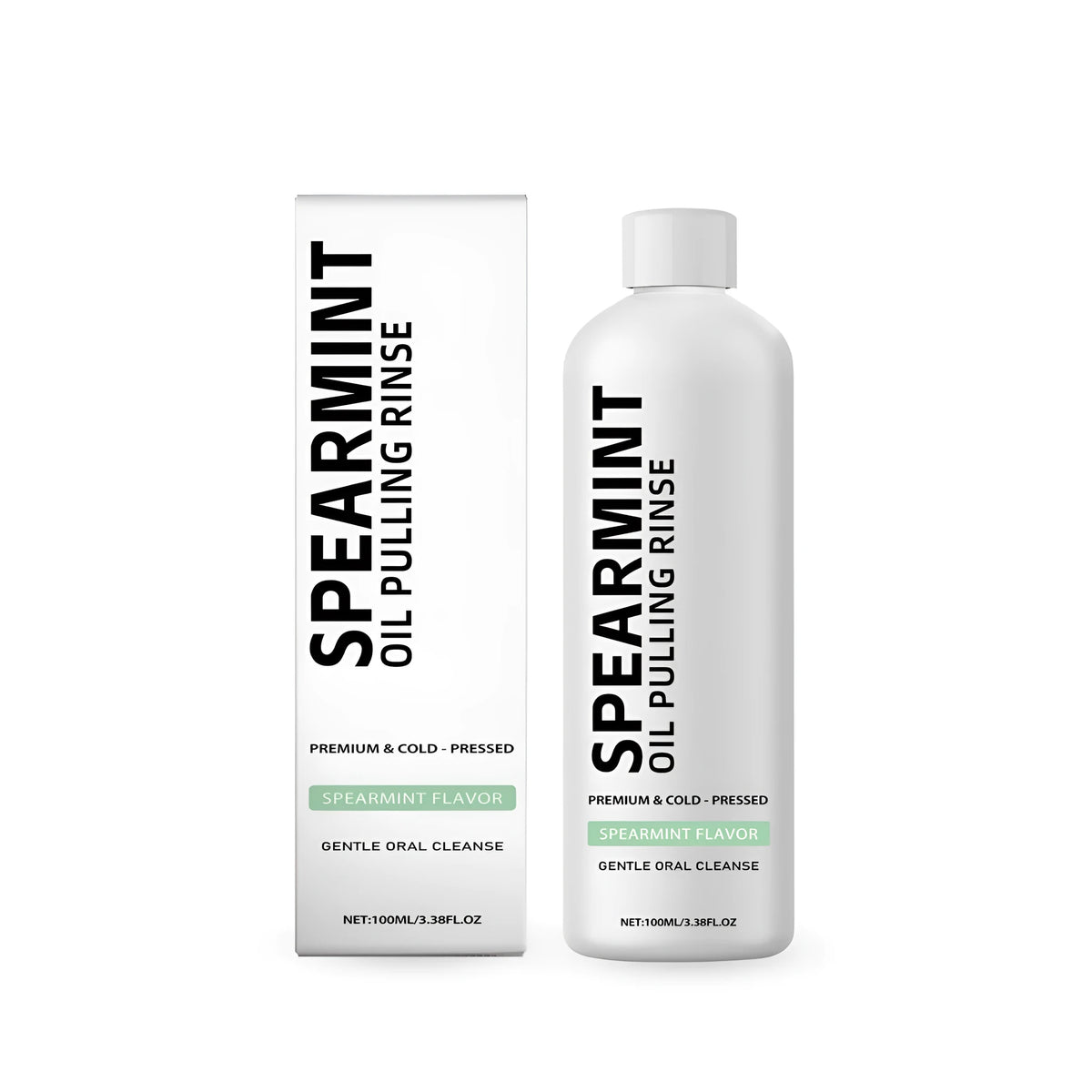 100ml bottle of spearmint oil pulling rinse mouthwash with clove and peppermint oils