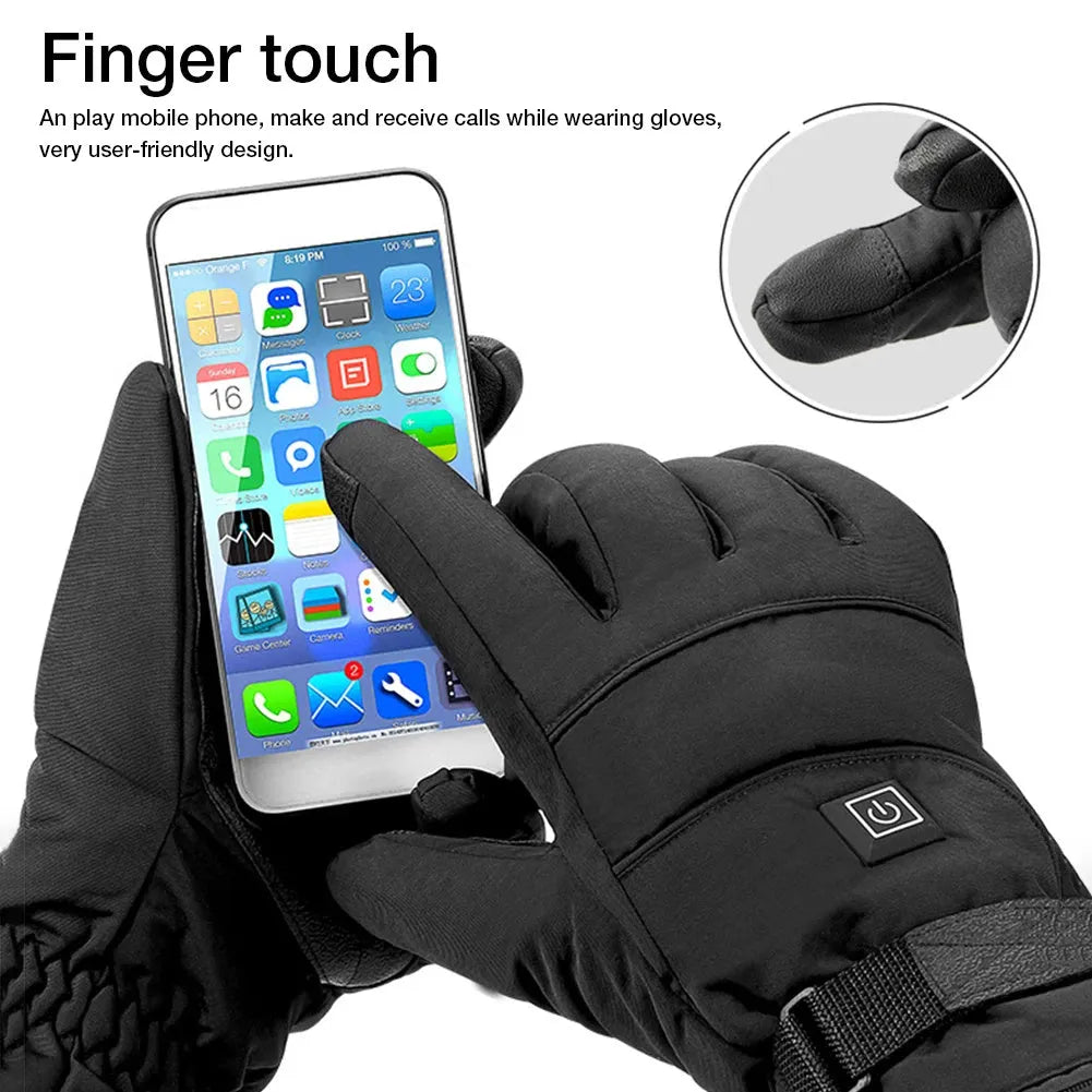 Pair of black electric heated gloves with touchscreen fingertips and zipped battery pocket, 28 cm length.