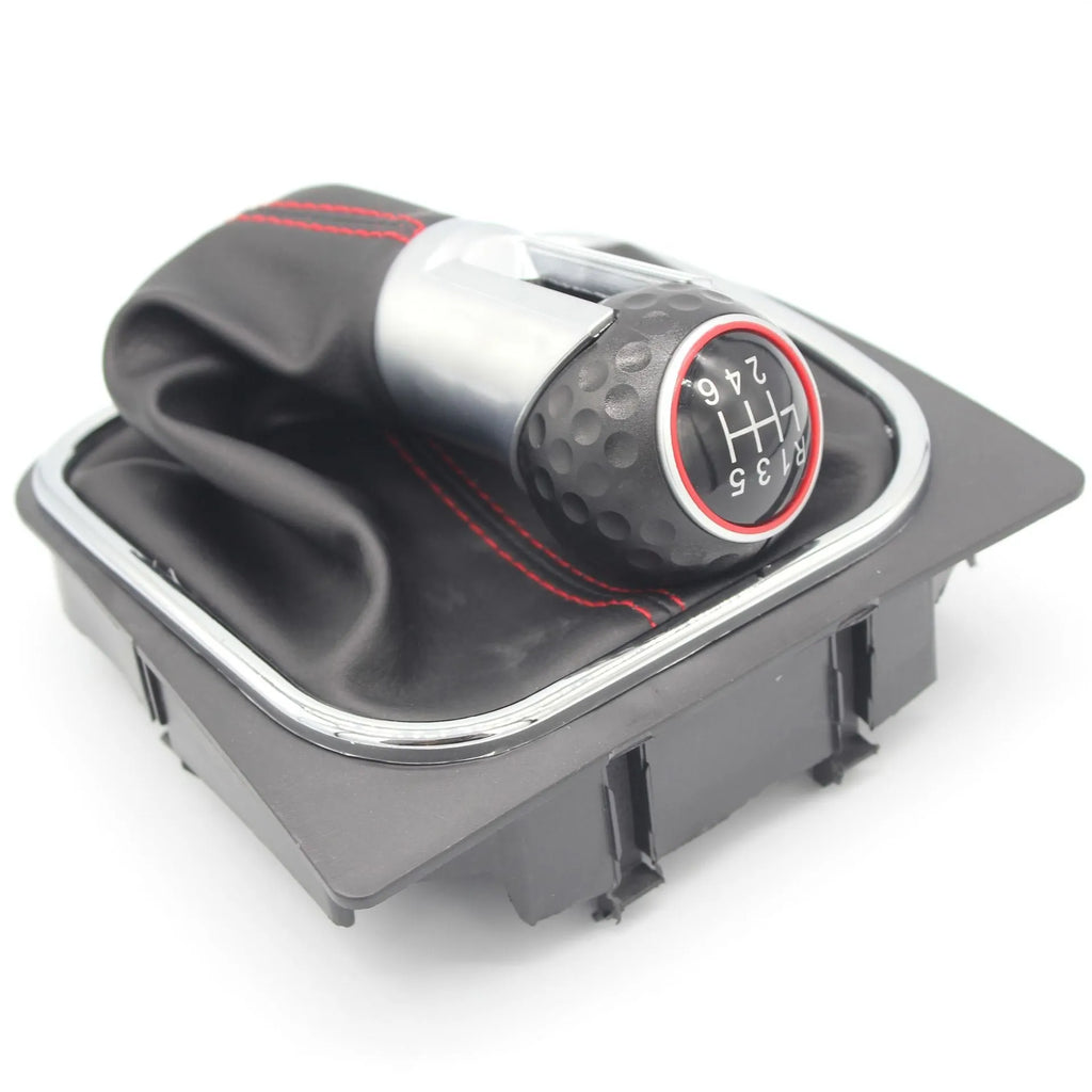 Black leather manual gear knob with dust boot for Volkswagen Golf 5, 6 and 7 models.