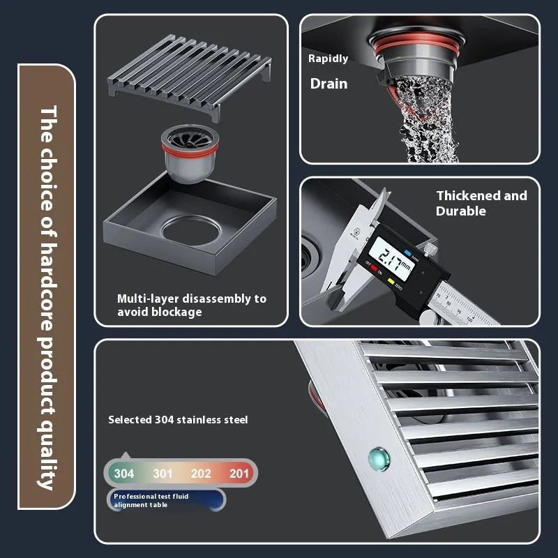 Gun grey 304 stainless steel courtyard floor drain with a 15x15cm ABS plastic core.