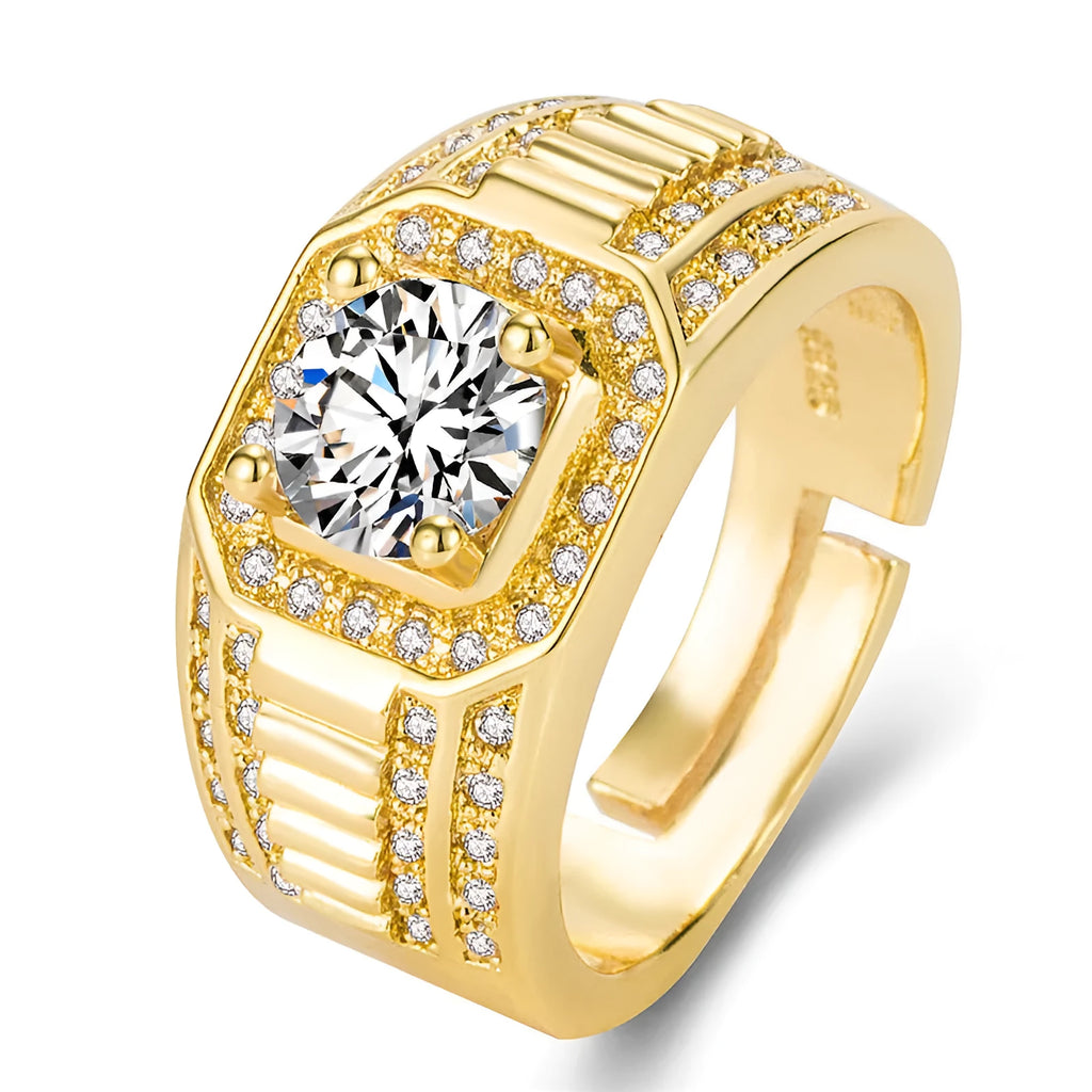 Gold and platinum adjustable copper men's ring on a hand.
