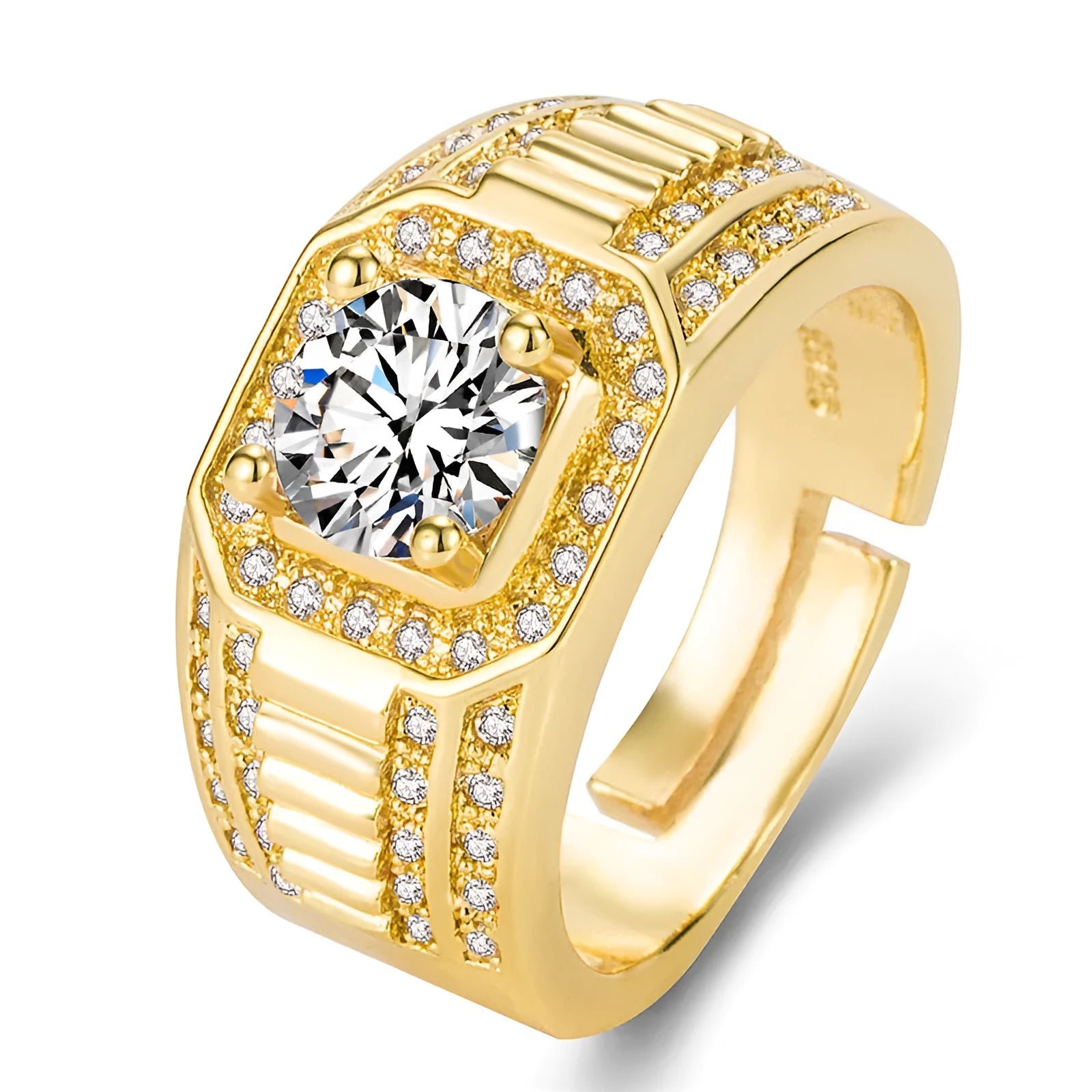 Gold and platinum adjustable copper men's ring on a hand.