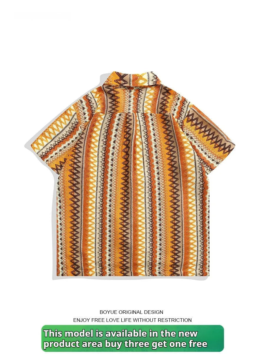 Ethnic style woven Cuban collar shirt with contrasting colour details and drop-shoulder short sleeves