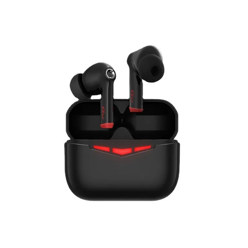 True wireless gaming earbuds in black, pink, white, and grey colours with charging case.