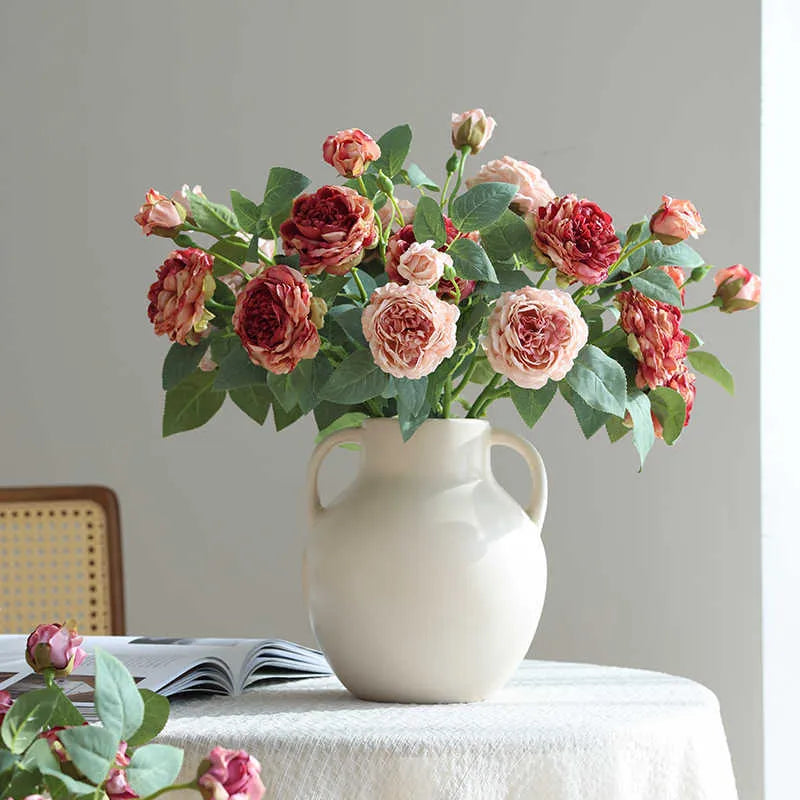 Silk emulational rose flower with baking edge process in beige for wedding and home decoration