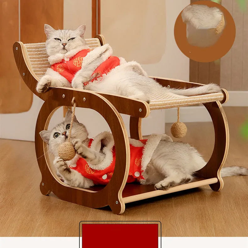 Solid wood cat scratching post with sisal column on a rectangular base, shown in walnut colour.