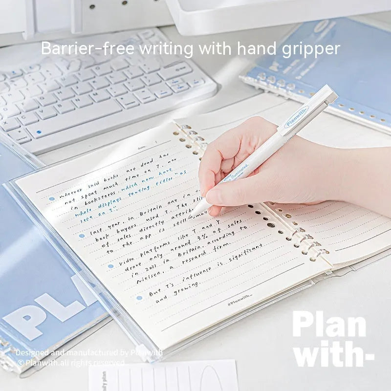A5 PVC spiral notebook with transparent cover in blue or white, showing spiral binding and standard paper size