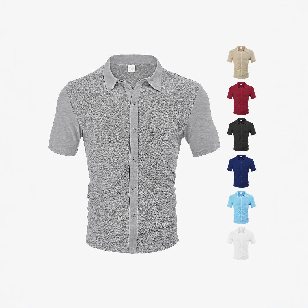 Loose fit polyester lapel cardigan in light blue, short sleeves, jacquard knit texture