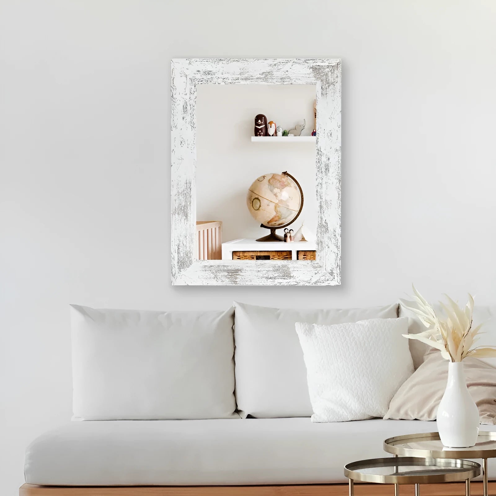 Wall-mounted retro Chinese style bathroom mirror with MDF frame in little white colour