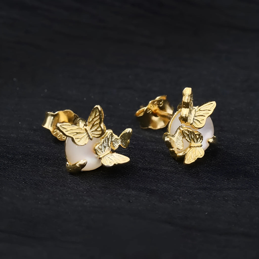Butterfly cold style ear studs with animal zodiac design in 925 silver with electroplated finish