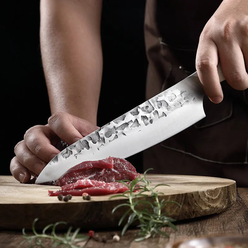 Hand forged stainless steel kitchen knives with 6 inch, 7 inch and 8 inch blades and a 7 piece set option