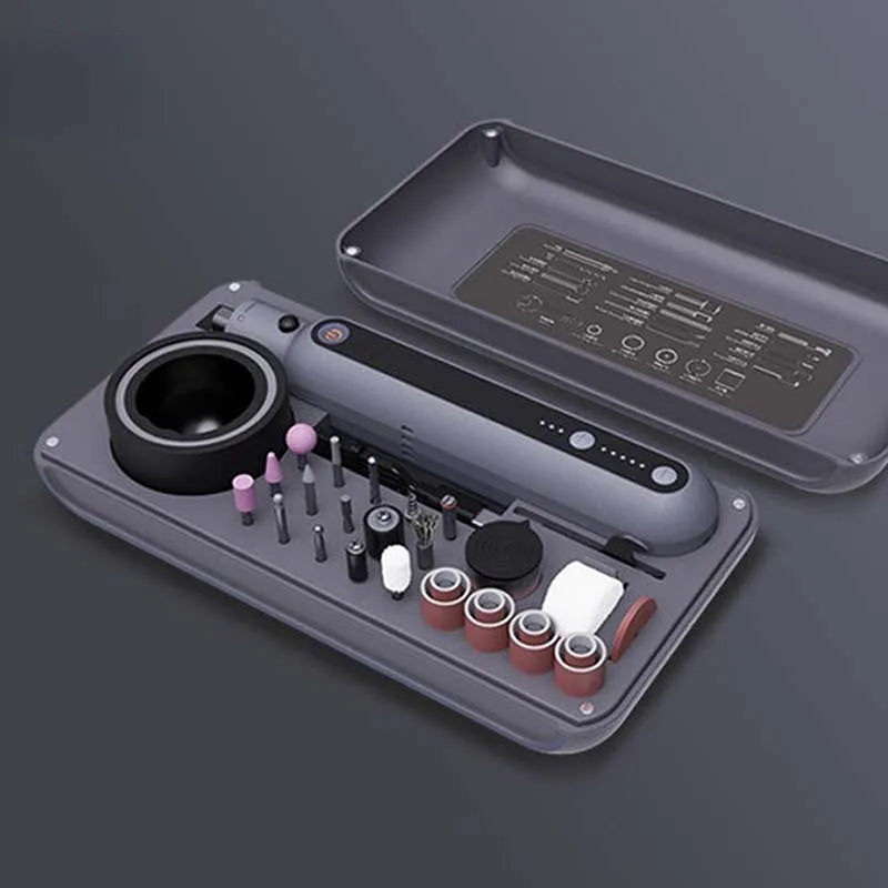 Compact electric grinding set with lithium battery showing 37mm width and accessory clamping mechanism