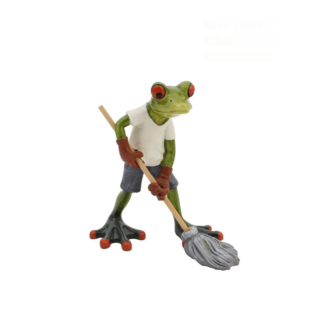 Synthetic resin pastoral style frog figurine home decoration ornament on a surface.