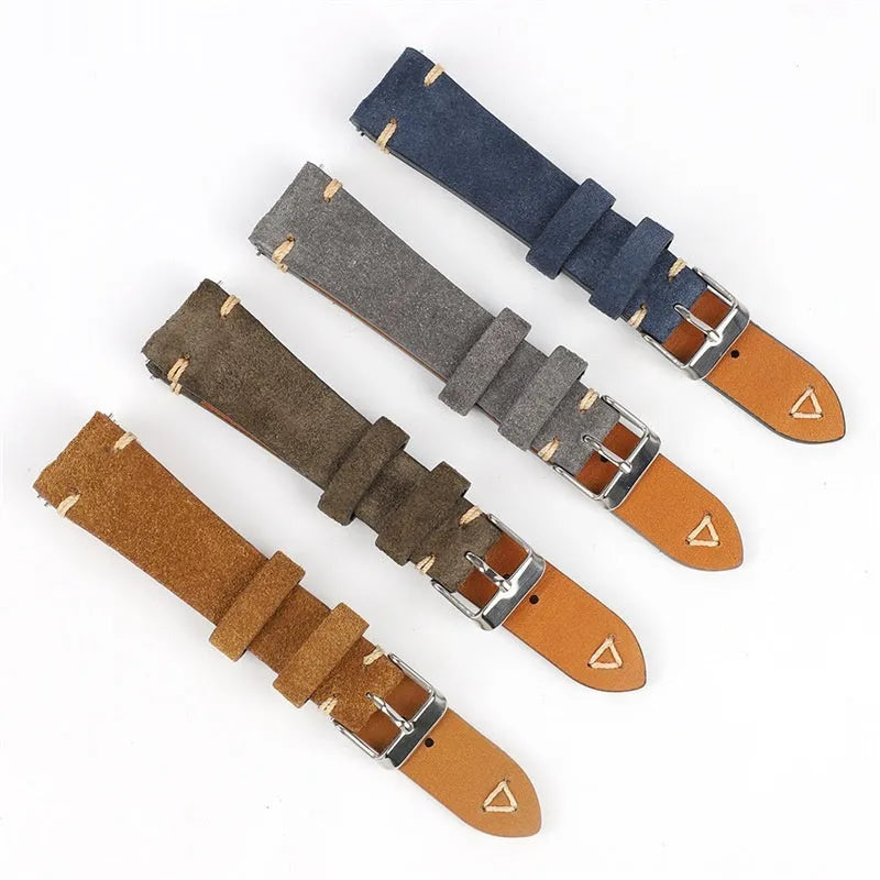 Small waist suede genuine leather watch strap showing four colour options: brown, blue, grey, and army green