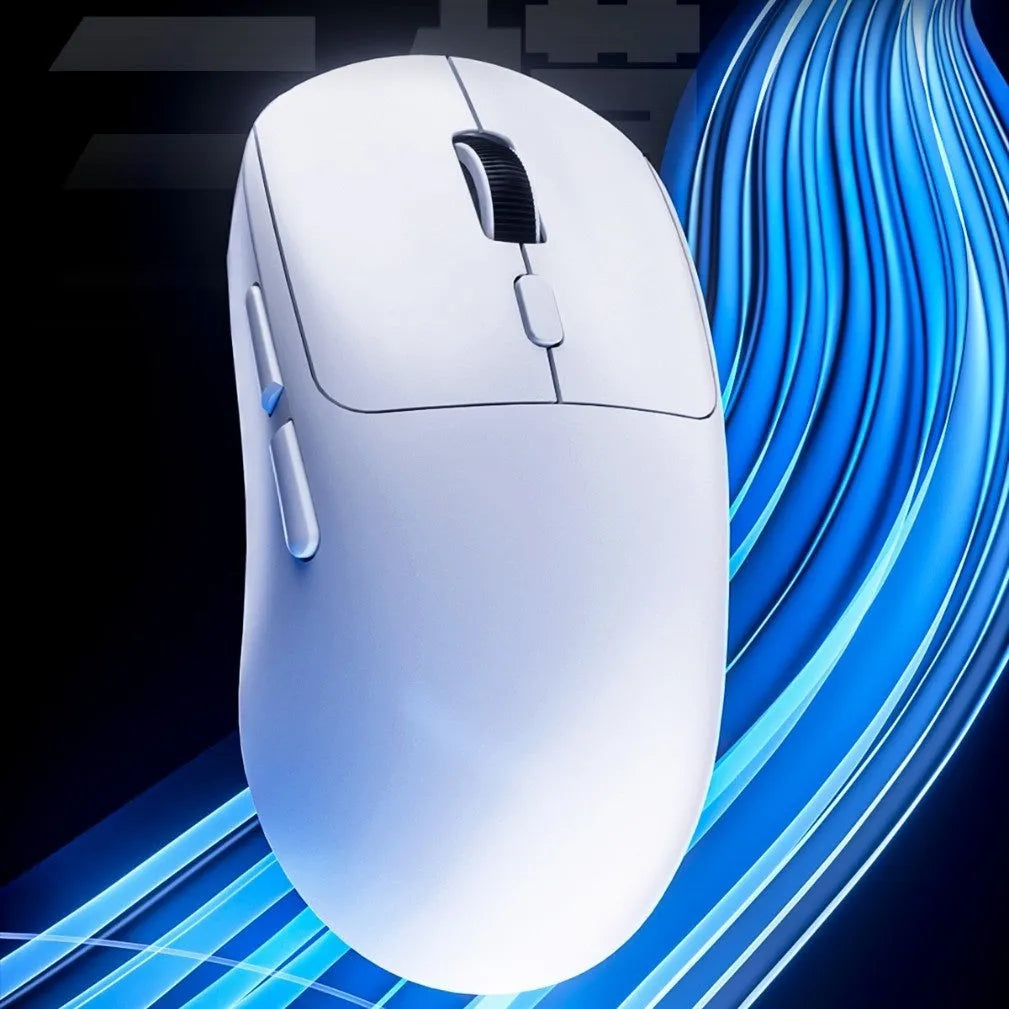 Rechargeable multi-mode mouse in gradient grey white, with wired, Bluetooth and 2.4G connectivity, 11.5cm compact size, USB interface.