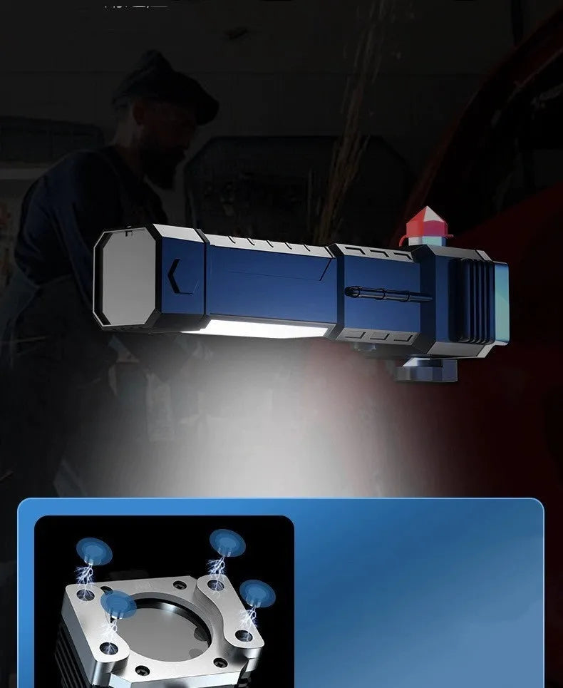 Silver coloured portable LED flashlight with plastic shell, shown as a power bank for emergency and outdoor use.