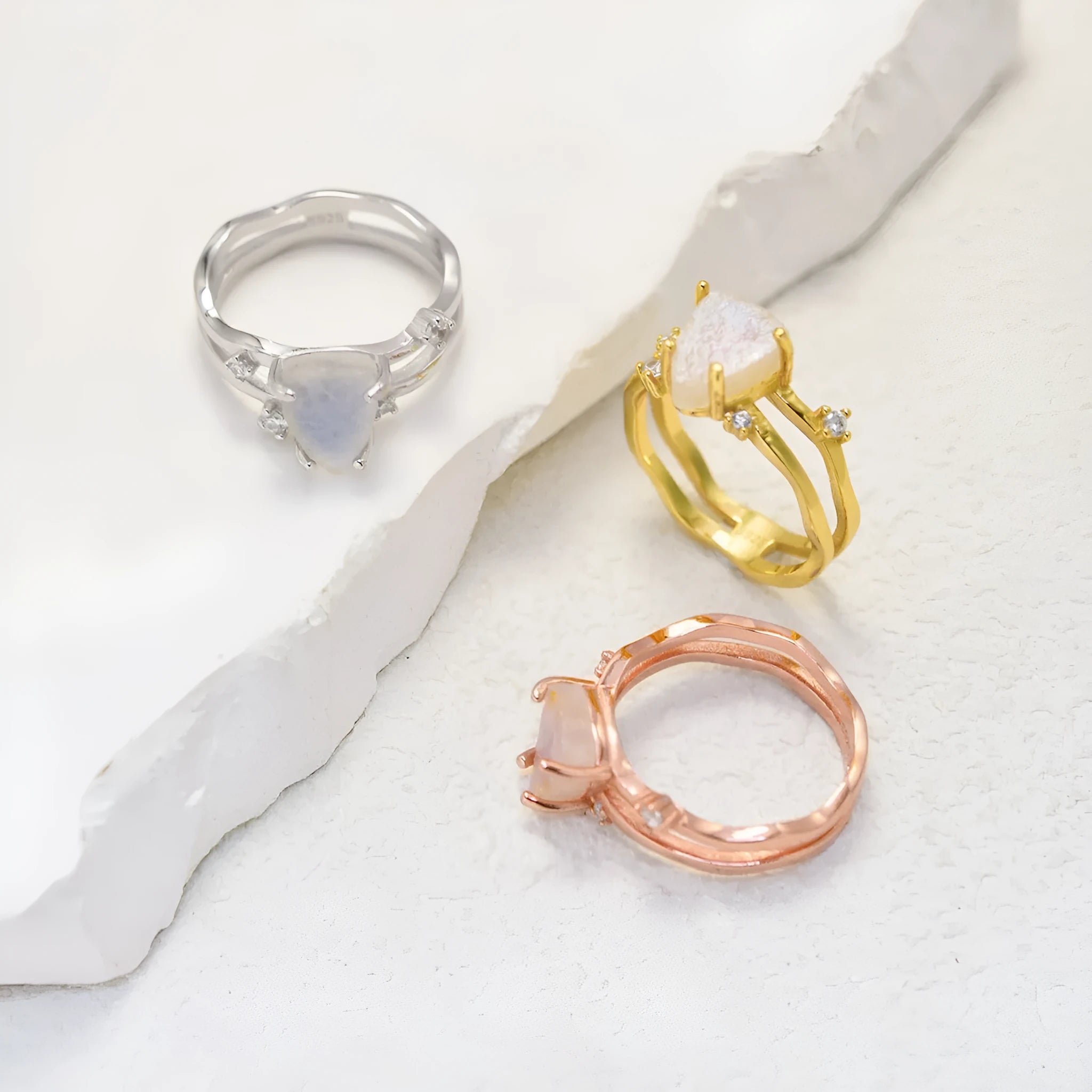 S925 sterling silver irregular triangle moonstone ring in geometric design with electroplated finish
