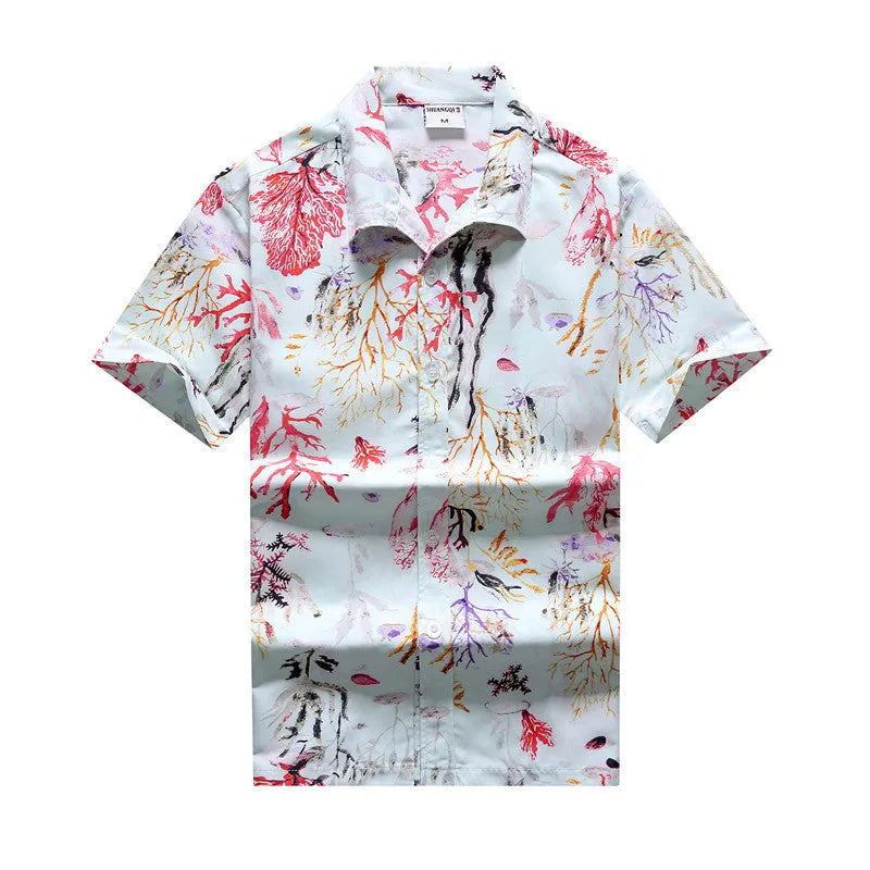 Men's loose beach Hawaiian shirt with short sleeves, floral print, and thin polyester peach skin fabric in yellow, blue, white, or multi-colour.