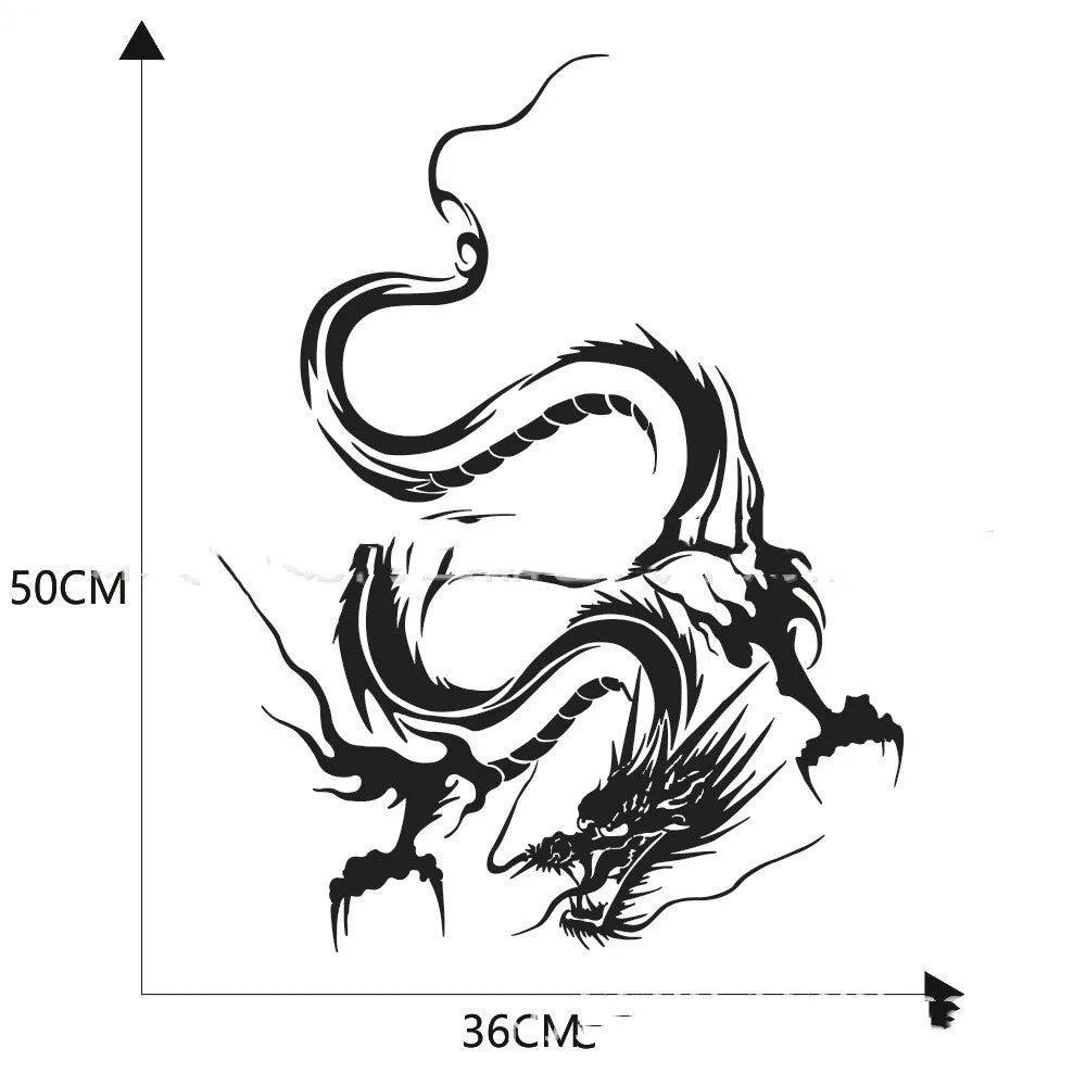 50 by 36 cm dragon design car body sticker on a vehicle front end, shown in multiple colour options.