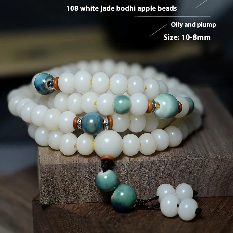 White jade bodhi root bracelet with 108 flat round beads in two sizes