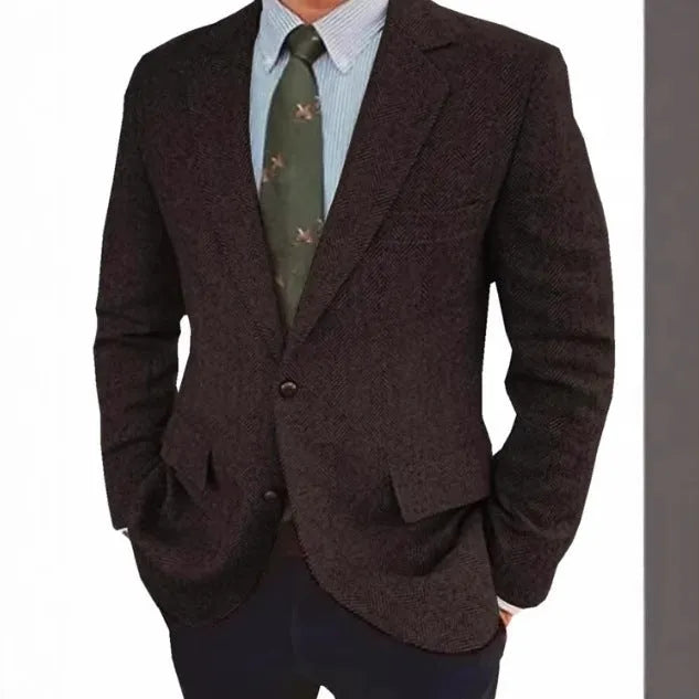 Men's brown herringbone pattern retro suit jacket with long sleeves and flax lining.