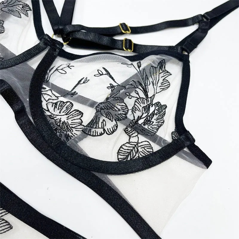 Women's black lace mesh floral print three-piece set with top, pants, and waist ring