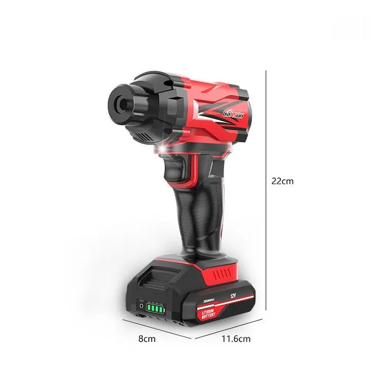 Red and black portable car tyre air pump with power cable and multiple nozzle attachments