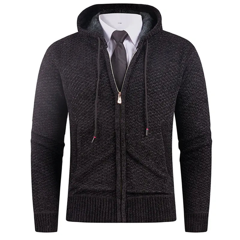 Men's hooded fleece lined sweater with pineapple pin in beige, shown front view on model, available in sizes M to 4XL