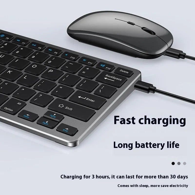 Ultra-thin wireless keyboard and mouse suit in black, gun colour, or silver with rechargeable design and included accessories