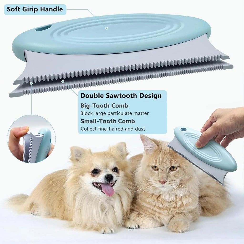 Three-piece pet hair remover set showing a metal lint tool, a silicone brush, and a round carpet scraper.