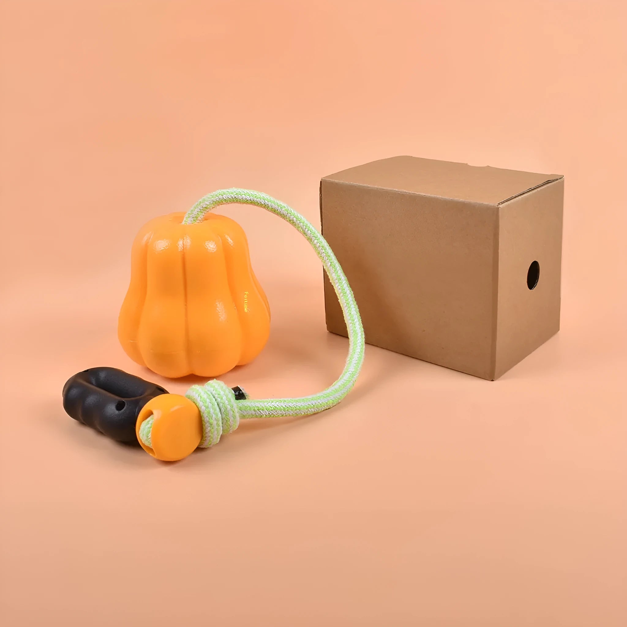 Pumpkin-shaped plastic dog toy with rope attachment for outdoor camping and long throws