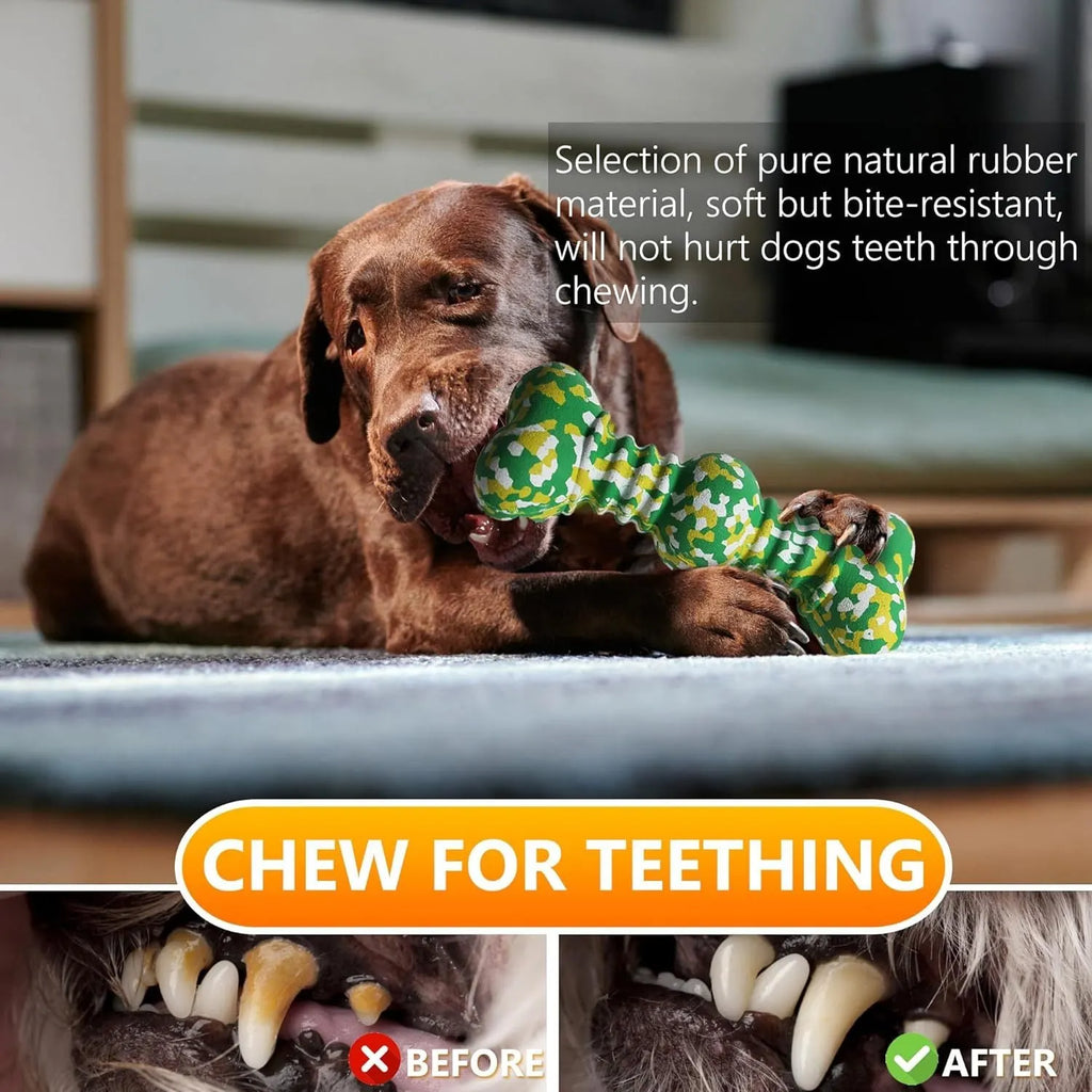 Natural rubber dog chew toy in camouflage colours for large breed aggressive chewers.