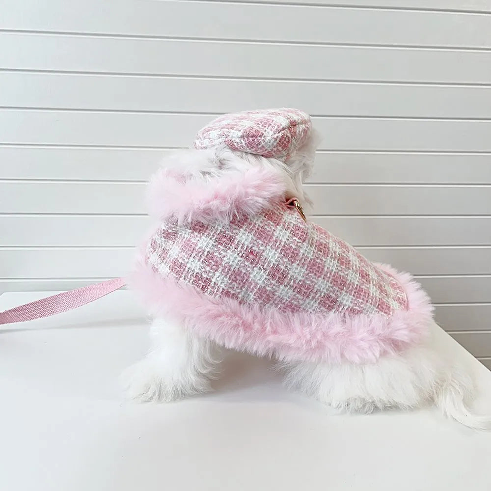 Pink cat costume set with cloak and beret for female cats with hand holding rope accessories