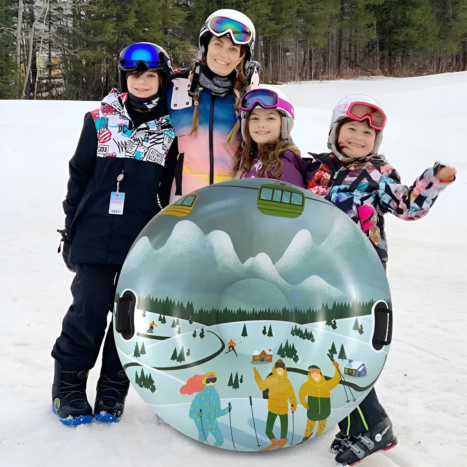 Children's PVC plastic ski ring toy with winter sport prints for outdoor pretend play.