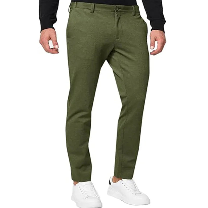 Men's slim-fit tapered chino trousers in a solid colour, showing the tapered leg and casual style.