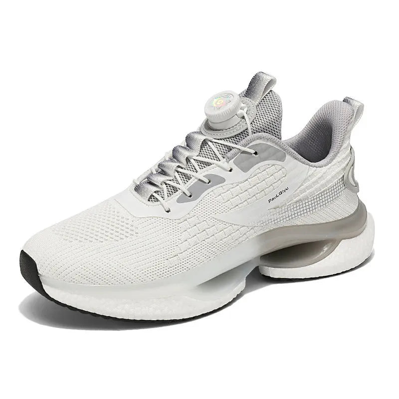 Men's white low-top running shoes with a rotating buckle closure and fly-knit mesh upper.