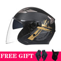 Double lens retro motorcycle helmet in matte black gold finish for electric motorcycle use with ABS shell