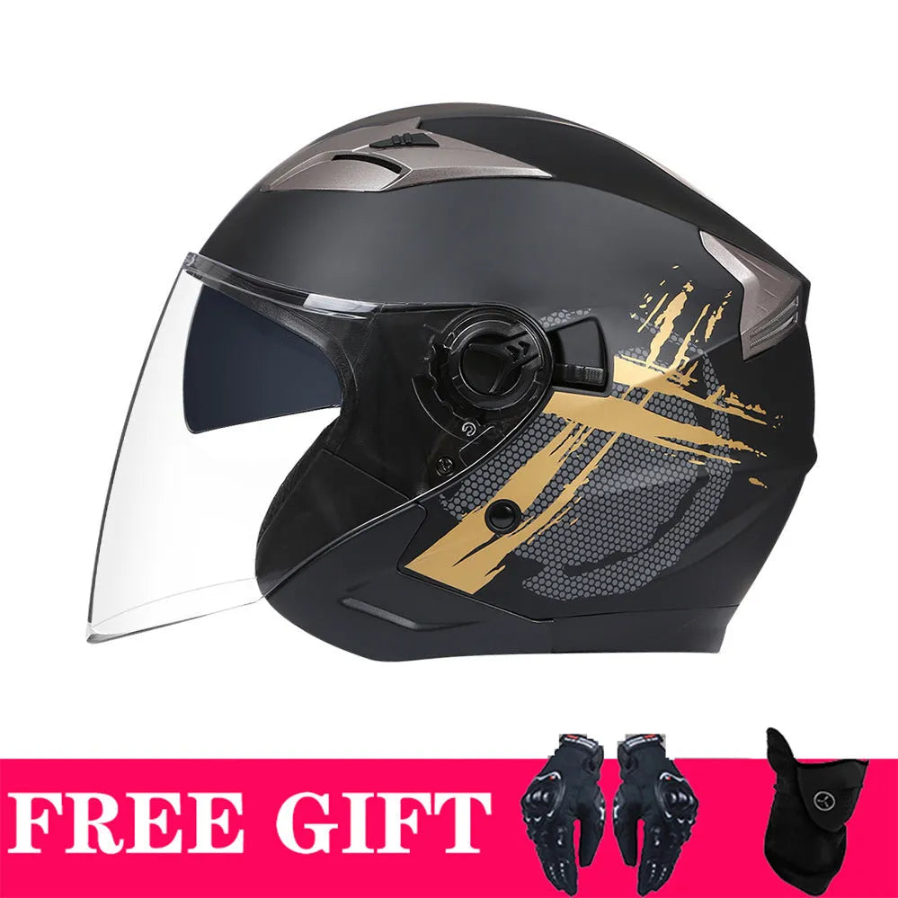 Double lens retro motorcycle helmet in matte black gold finish for electric motorcycle use with ABS shell
