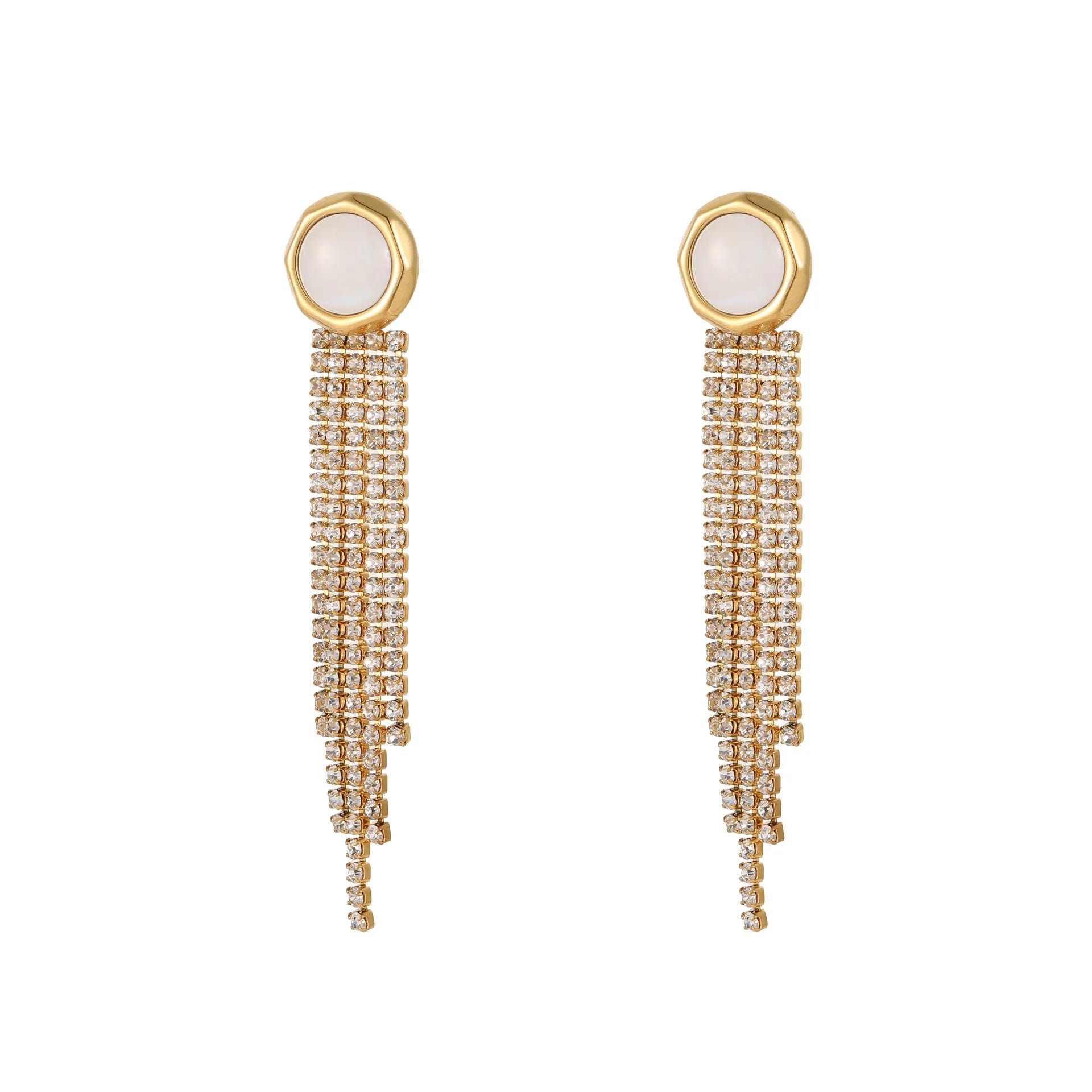 Stainless steel love heart earrings with diamond tassel detailing and electroplated 18K finish