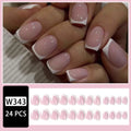24 white square fake nails with a black and white plaid pattern arranged on a table.