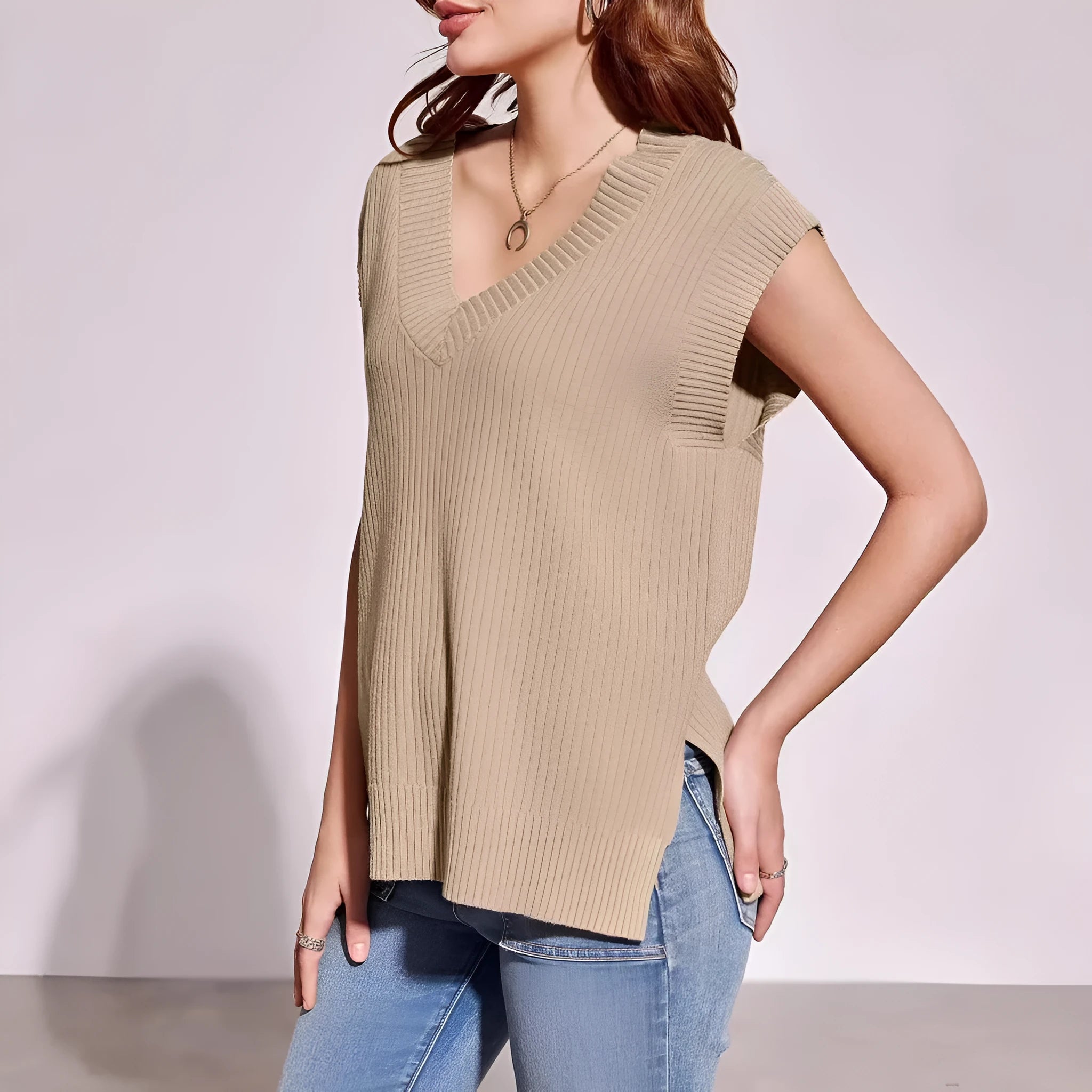 Women's camel-coloured V-neck sleeveless pullover vest with loose fit