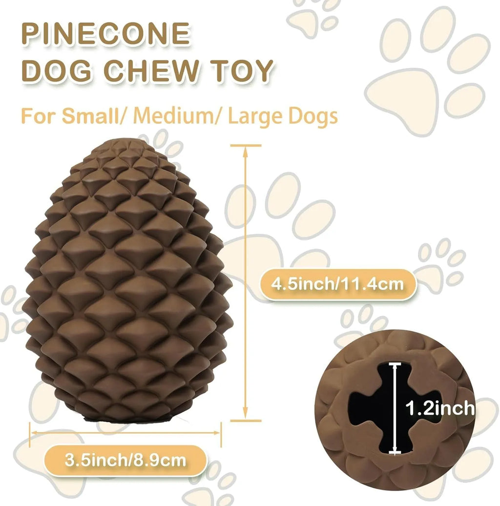 Yellow pine cone shaped natural rubber dog toy with textured surfaces and treat dispenser