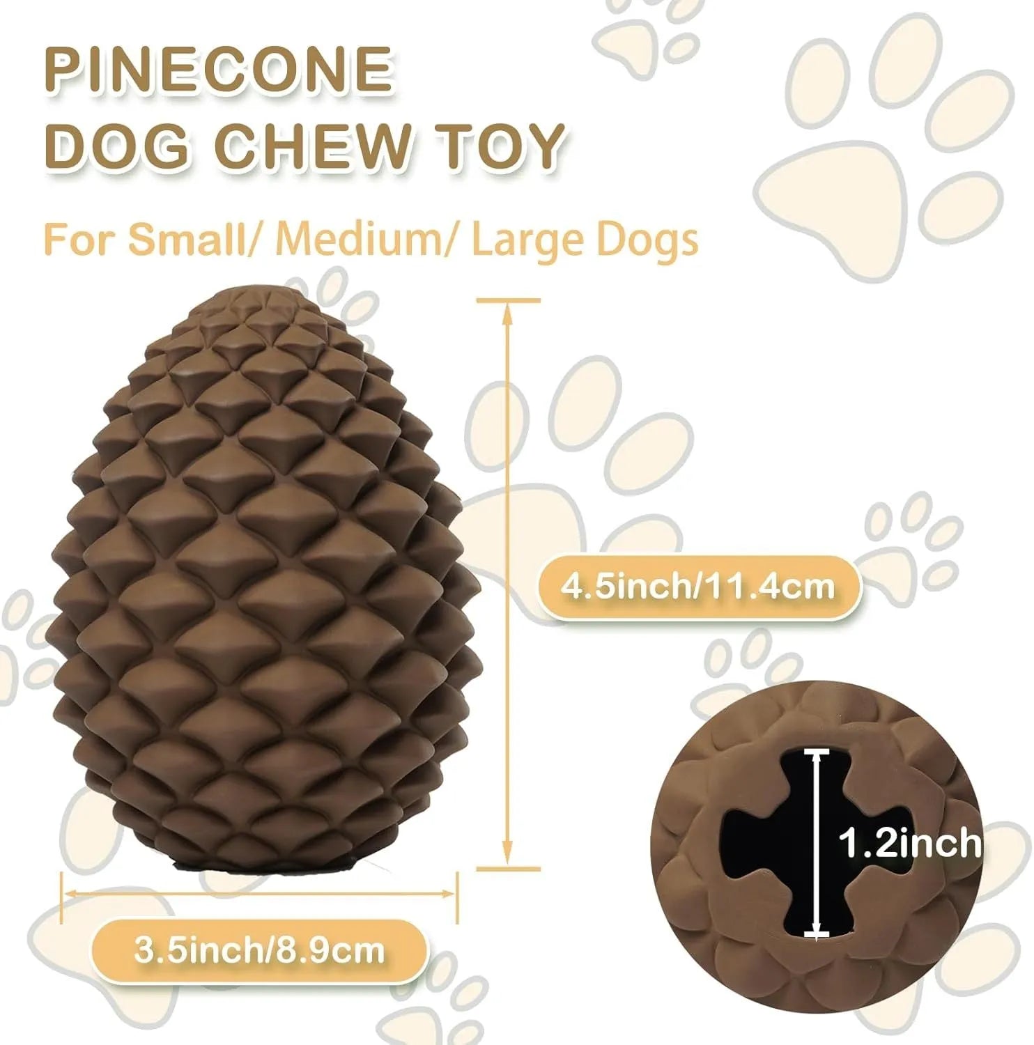 Yellow pine cone shaped natural rubber dog toy with textured surfaces and treat dispenser
