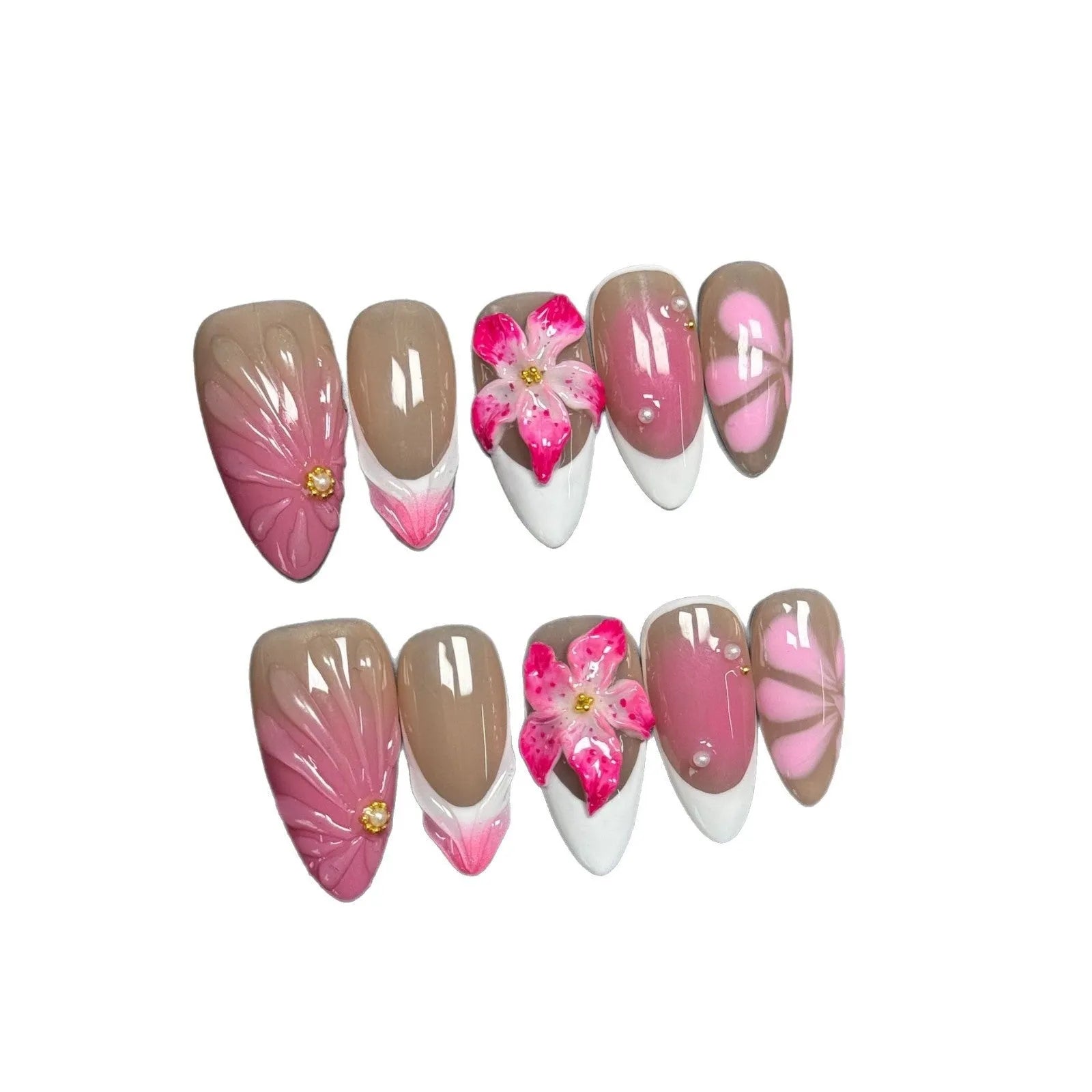 French style lily artificial nails with 3D fluid ice flower design in almond shape
