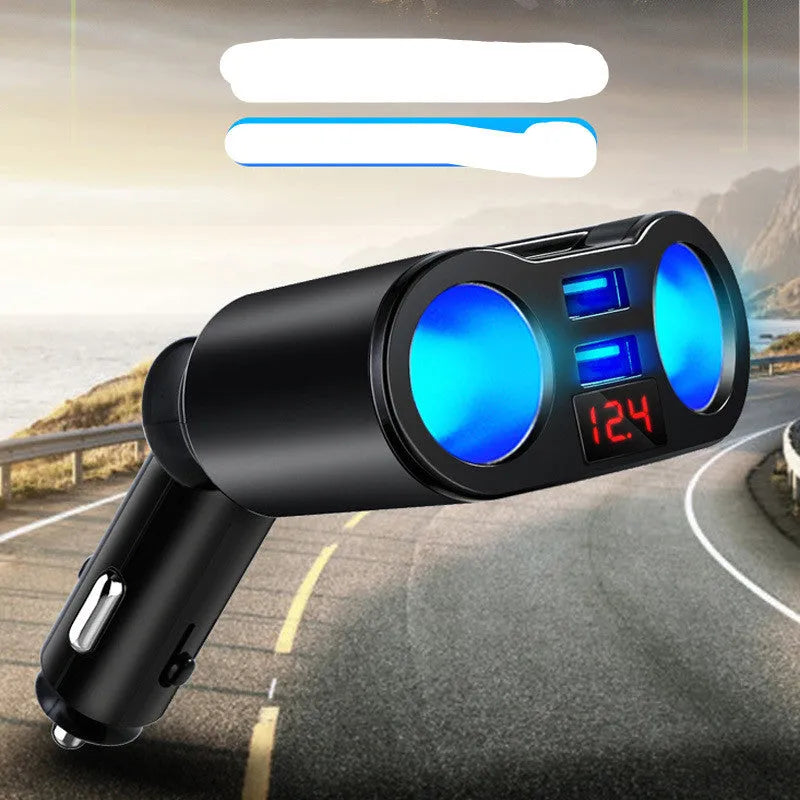 A black car Bluetooth FM transmitter plugged into a vehicle's cigarette lighter socket.